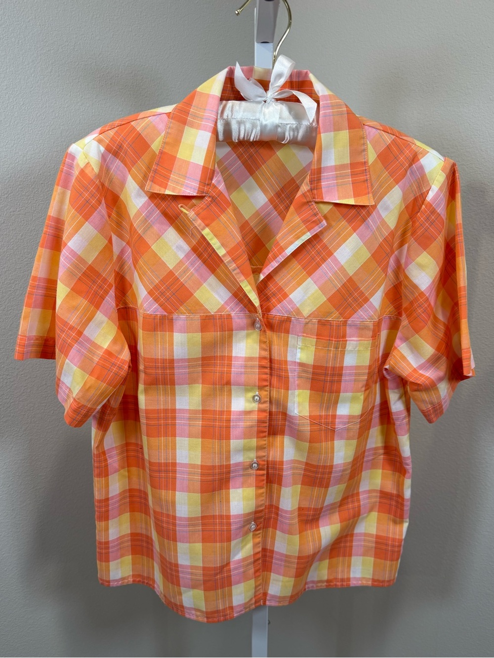 Vintage Lady Manhattan Orange Yellow Plaid Short Sleeve Button-Down Shirt